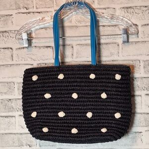 Talbots‎ Navy Blue and Cream Polka Dot straw 
Tote 10 x 15